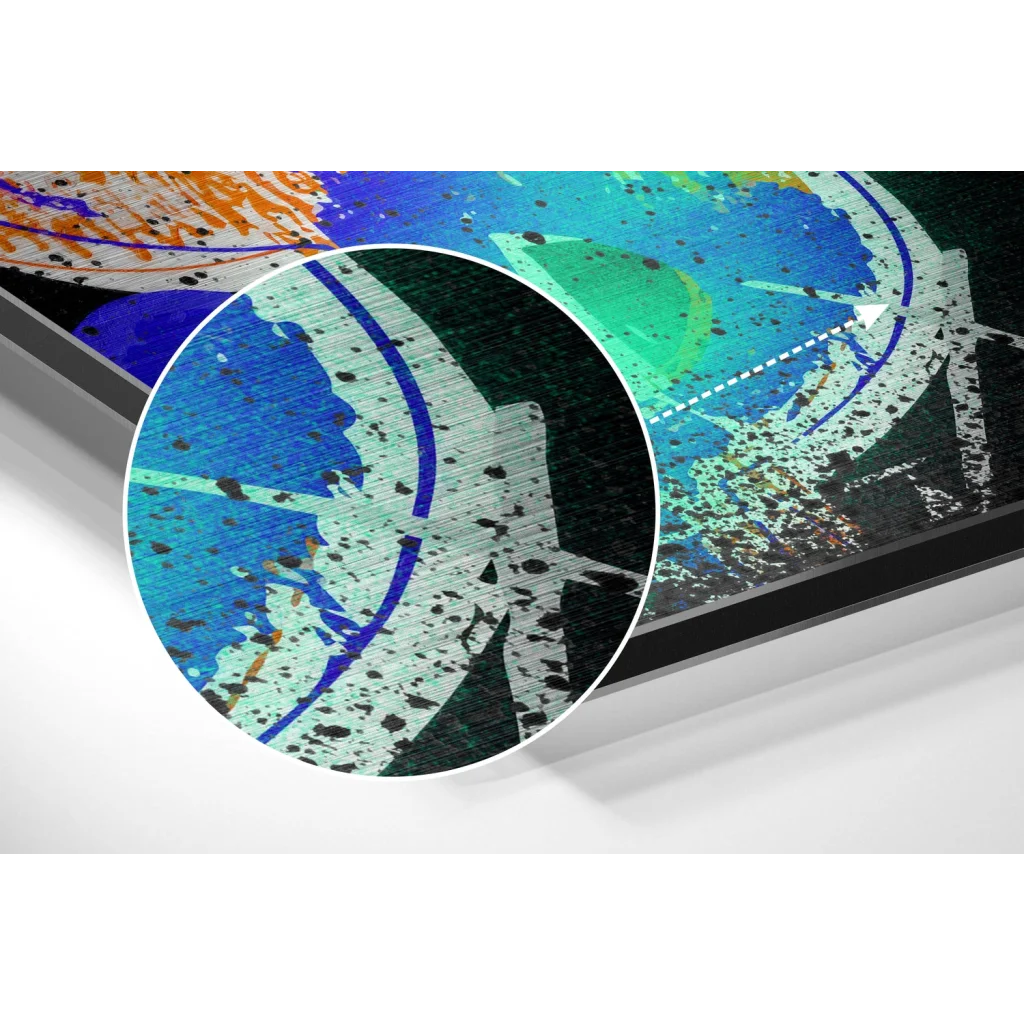 Vibrant abstract canvas print on brushed aluminium dibond with bold blue, green, orange splatters on textured gray background