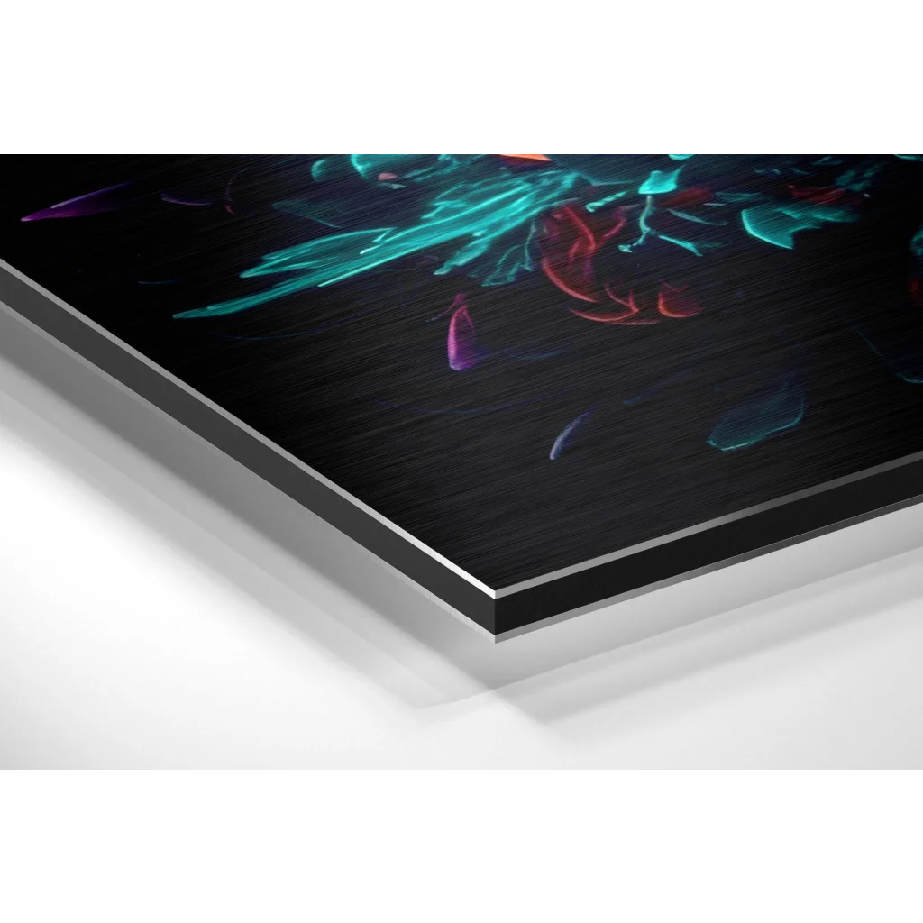 Sleek black brushed aluminium dibond print with vibrant neon teal, red, purple abstract brushstrokes
