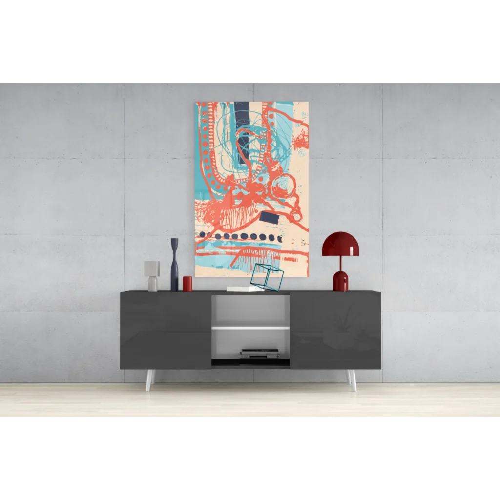 Modern gray sideboard with white legs under vibrant abstract wall art