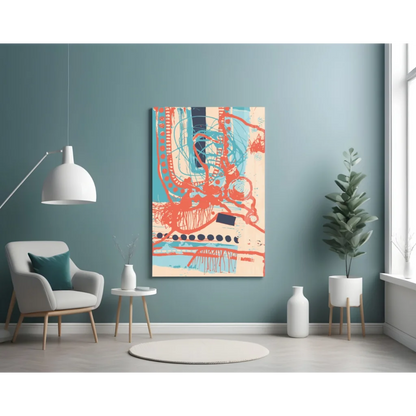 Vibrant red blue white abstract wall art print on beige canvas