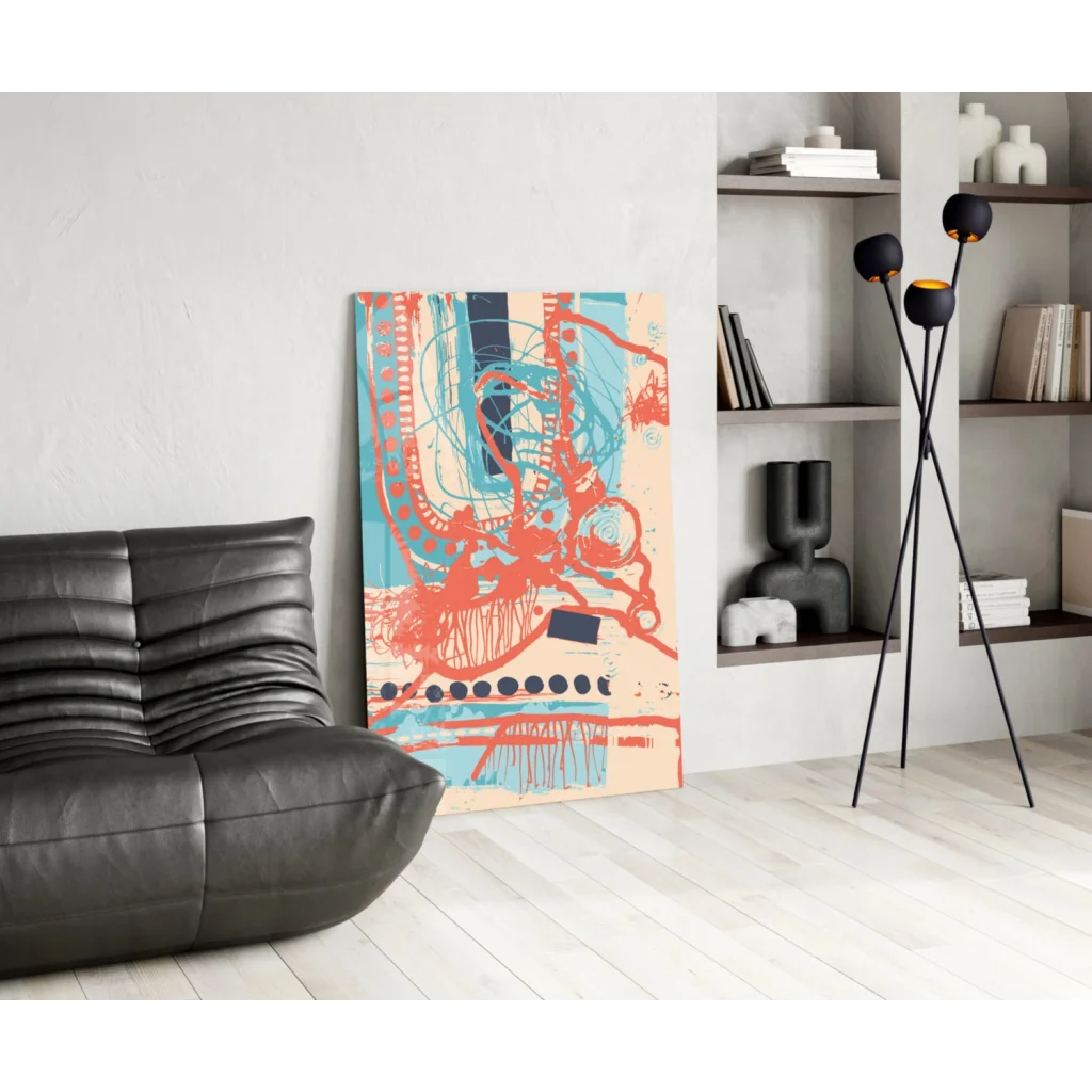 Vibrant abstract canvas wall art in orange, blue, white hues on wood frame
