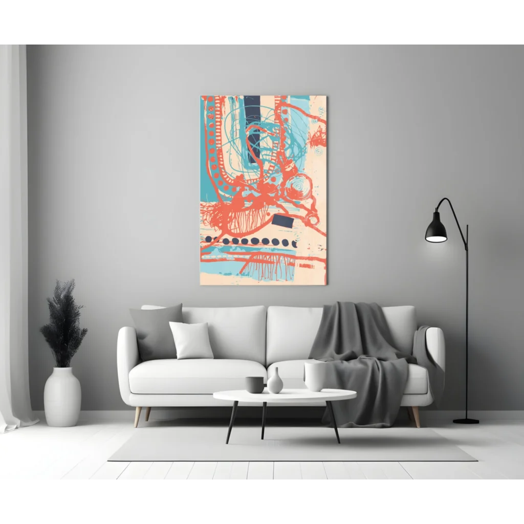 Vibrant abstract wall art canvas with bold red, blue, beige brushstrokes