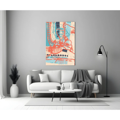 Vibrant abstract wall art canvas with bold red, blue, beige brushstrokes