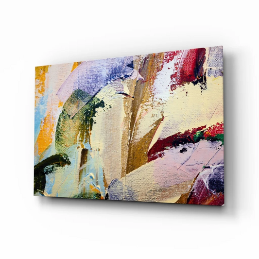 Vibrant abstract canvas wall art with bold yellow, red, blue, beige strokes