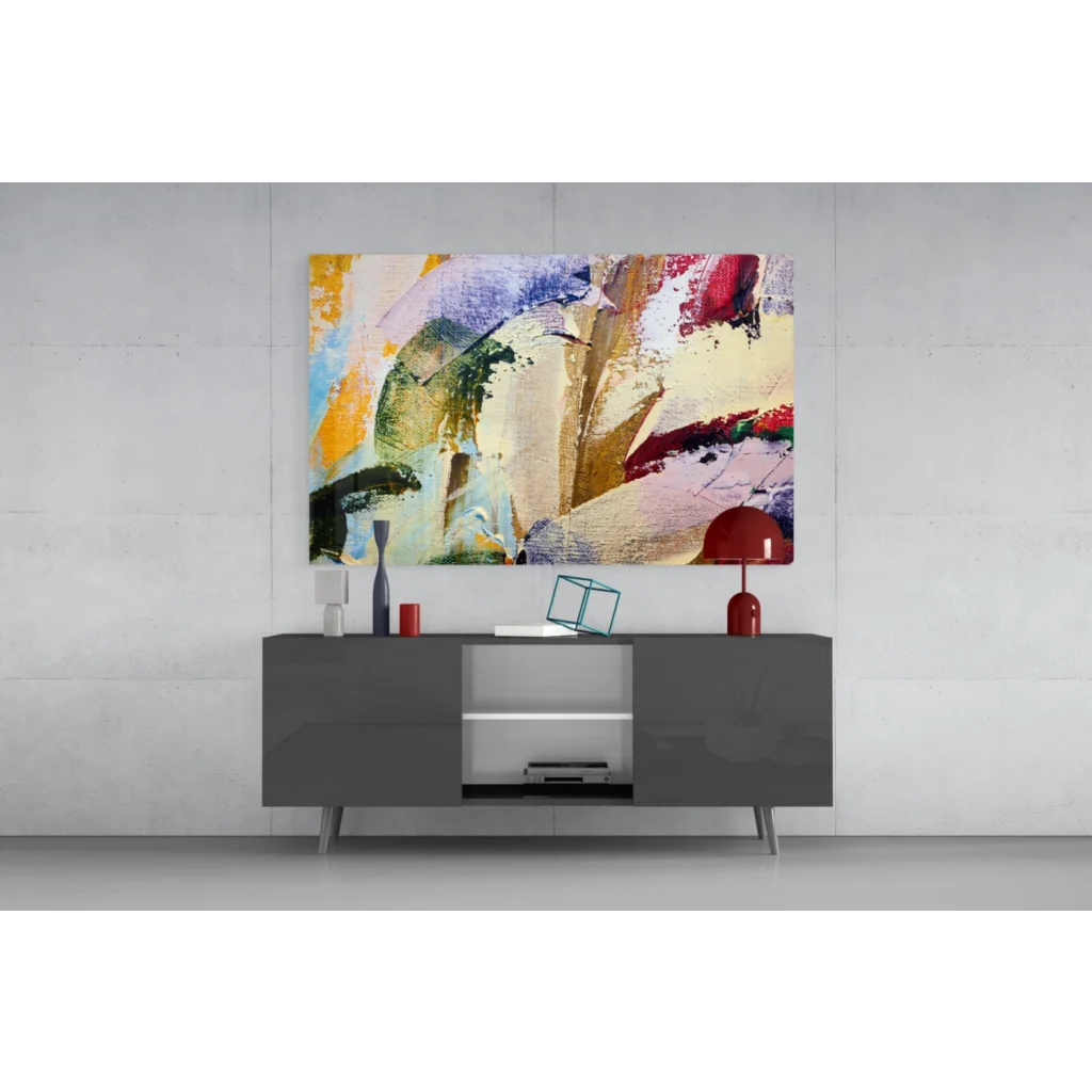 Vibrant abstract canvas wall art with bold yellow, blue, red, beige bursts