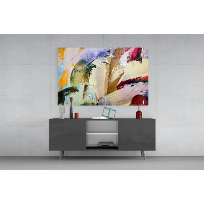 Vibrant abstract canvas wall art with bold yellow, blue, red, beige bursts