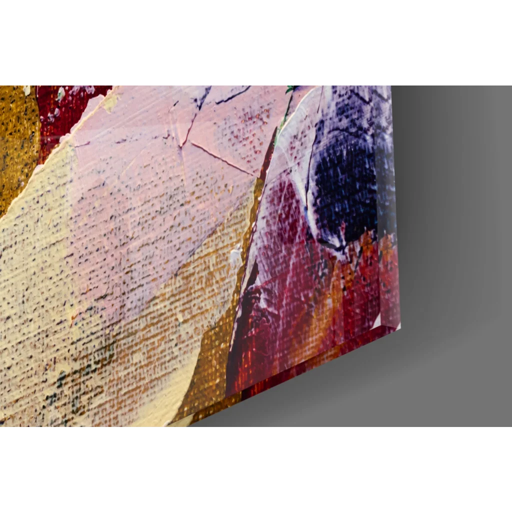 Vibrant abstract canvas wall art with pink, gold, and red bursts