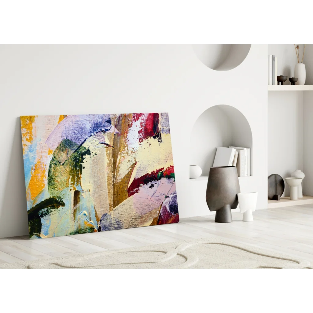 Vibrant abstract canvas wall art with bold yellow, red, blue, green strokes