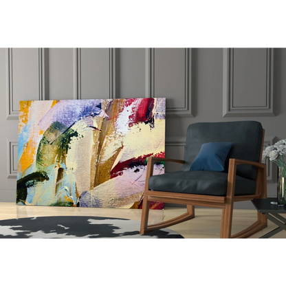 Vibrant abstract canvas wall art with bold yellow, red, blue, green bursts