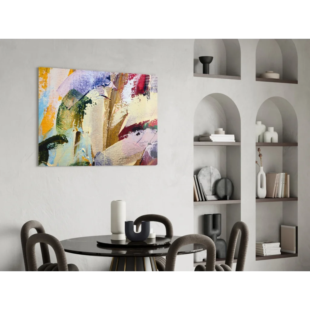 Vibrant abstract canvas wall art with bold yellow, blue, red bursts