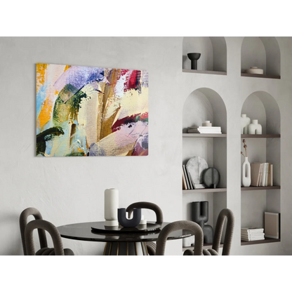 Vibrant abstract canvas wall art with bold yellow, blue, red bursts