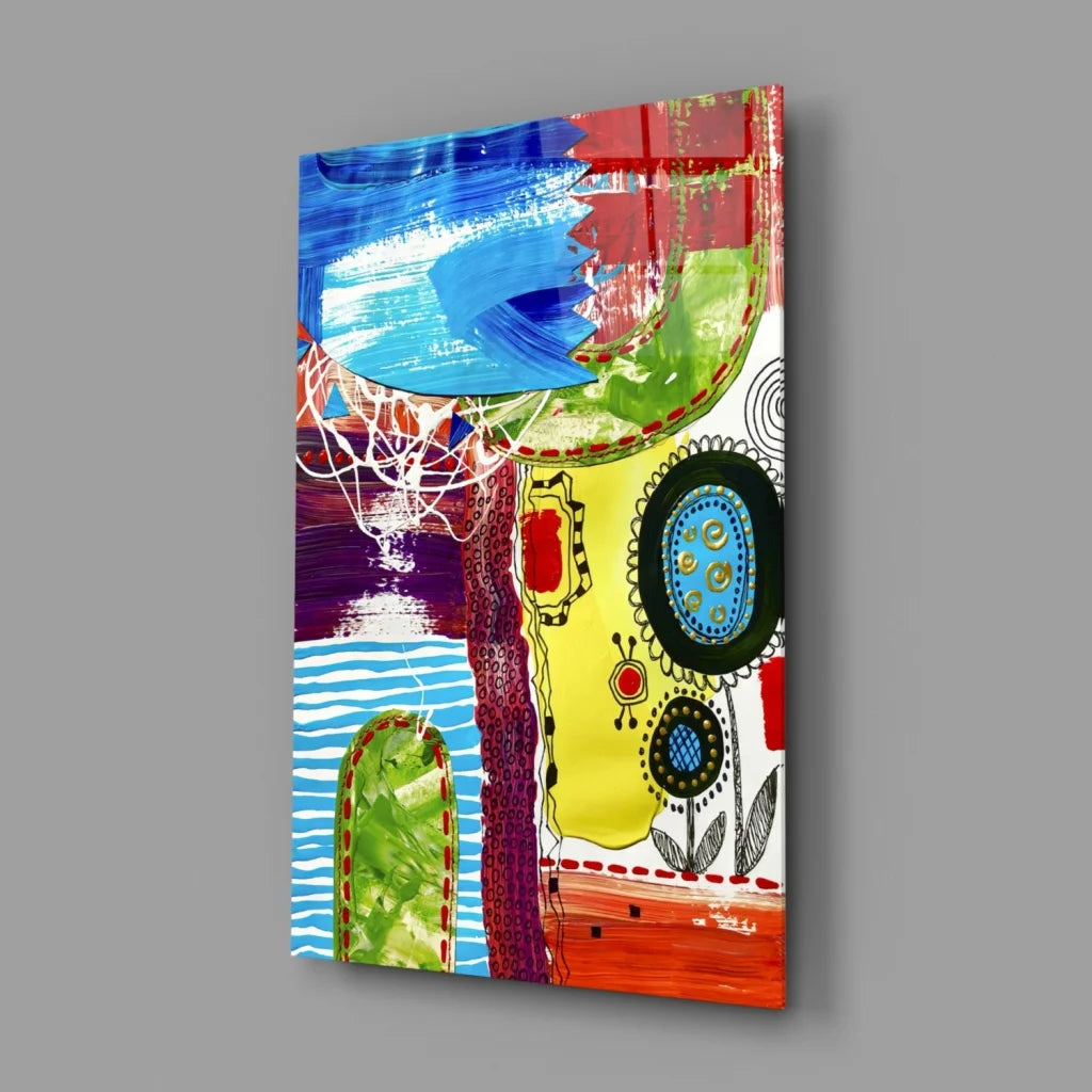 Vibrant abstract canvas wall art with bold colorful brushstrokes in blue, green, yellow, red, purple