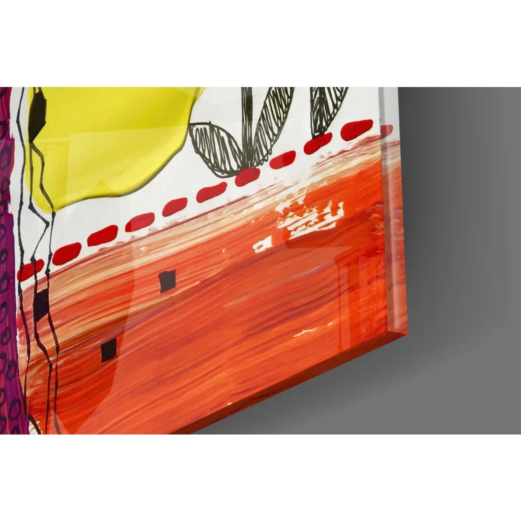 Vibrant abstract glass wall art with bold orange brushstrokes and leaves