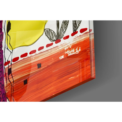Vibrant abstract glass wall art with bold orange brushstrokes and leaves