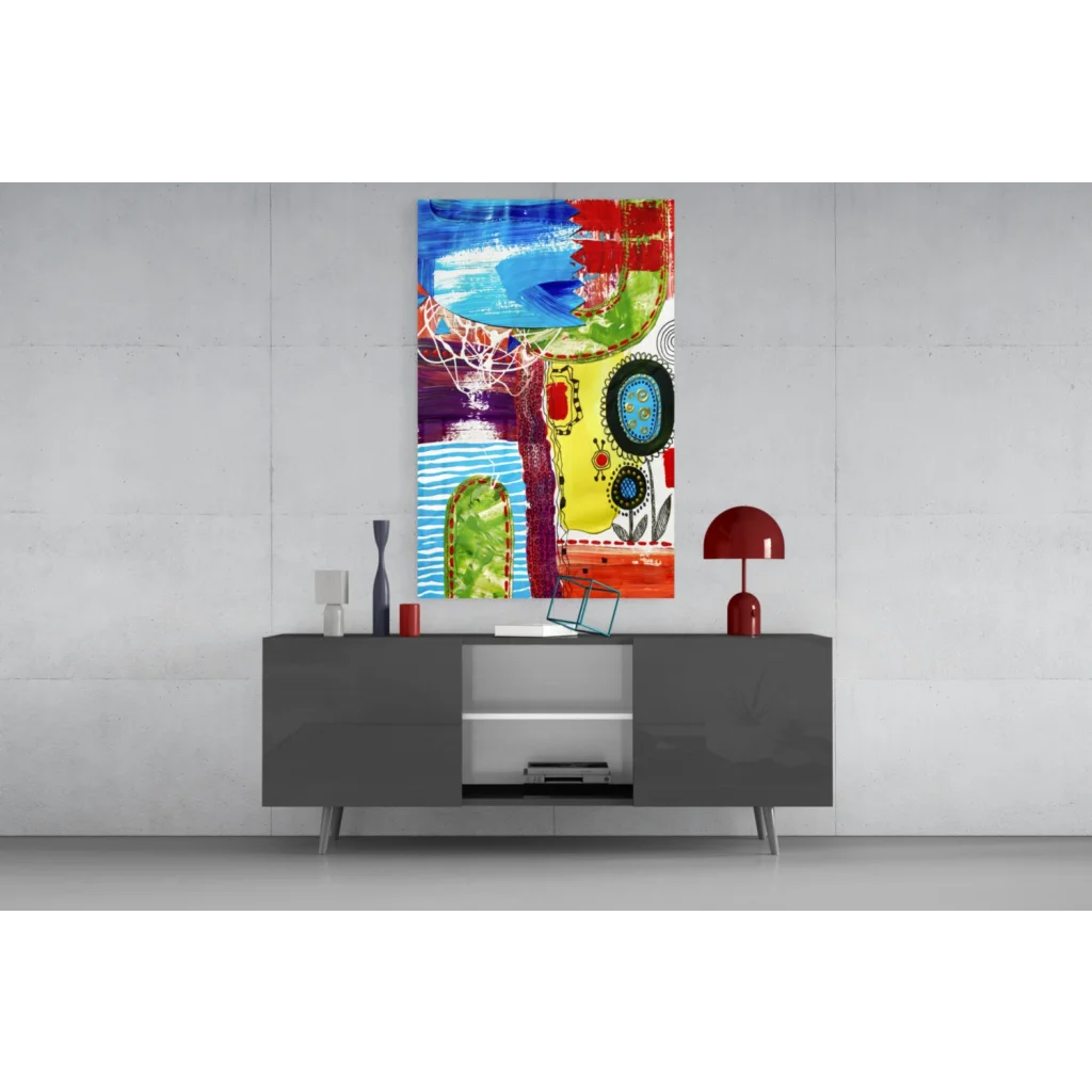 Vibrant abstract glass wall art with bold red, blue, yellow, green brushstrokes and circular patterns