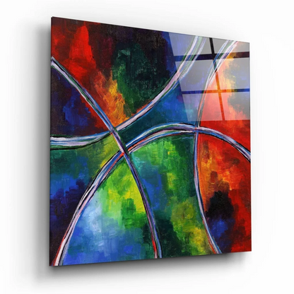 Vibrant abstract canvas wall art with bold metallic red green blue orange swirls