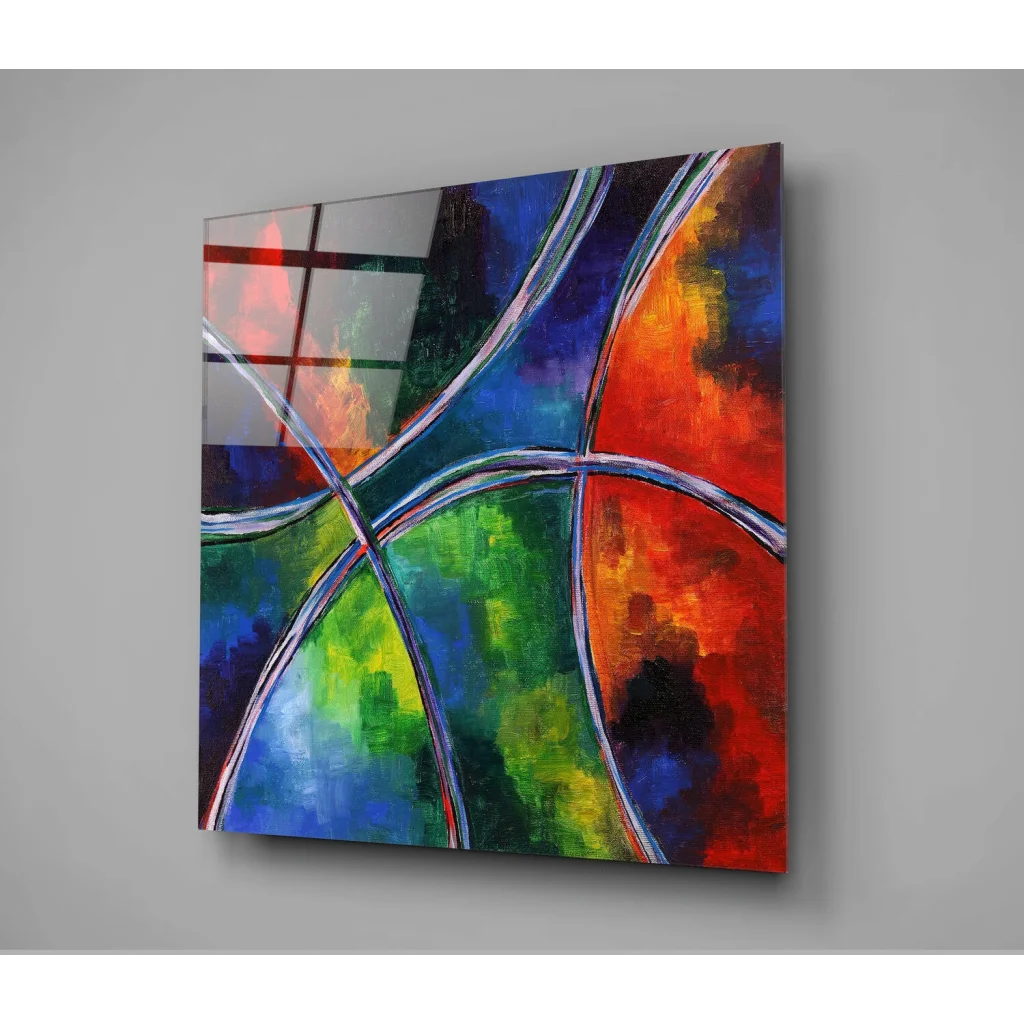 Vibrant abstract canvas wall art with bold red, blue, green, orange swirls and silver metallic lines