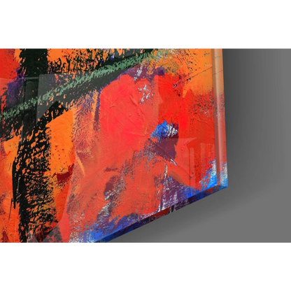 Vibrant abstract canvas wall art with bold orange and pink swirls in red, orange, blue hues on glossy surface