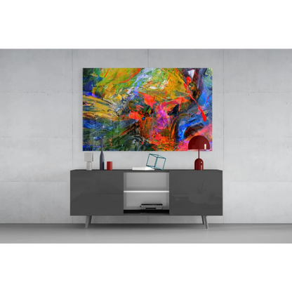 Modern gray sideboard with silver legs under vibrant wall art