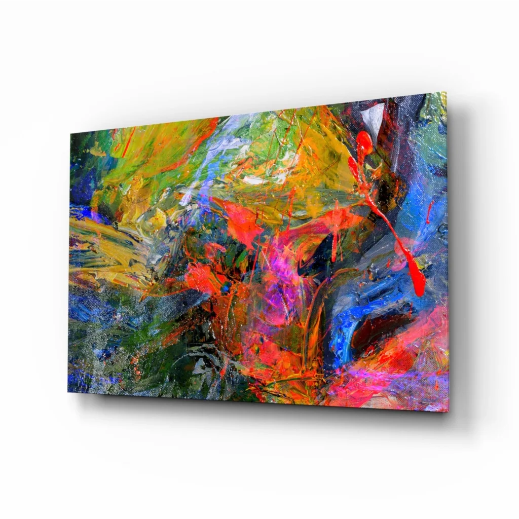Vibrant abstract canvas wall art with bold textured brushstrokes on white wall