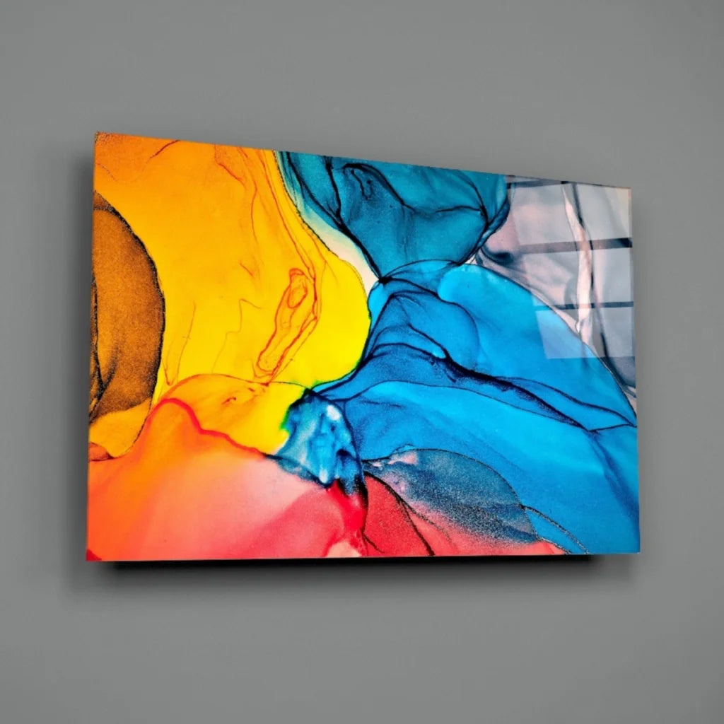 Vibrant abstract canvas wall art in orange, yellow, blue, red hues