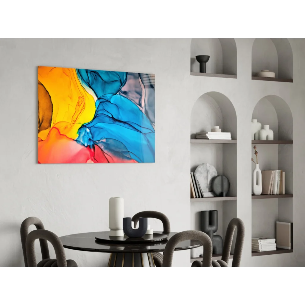 Vibrant abstract canvas wall art with bold fluid colors on stretched canvas