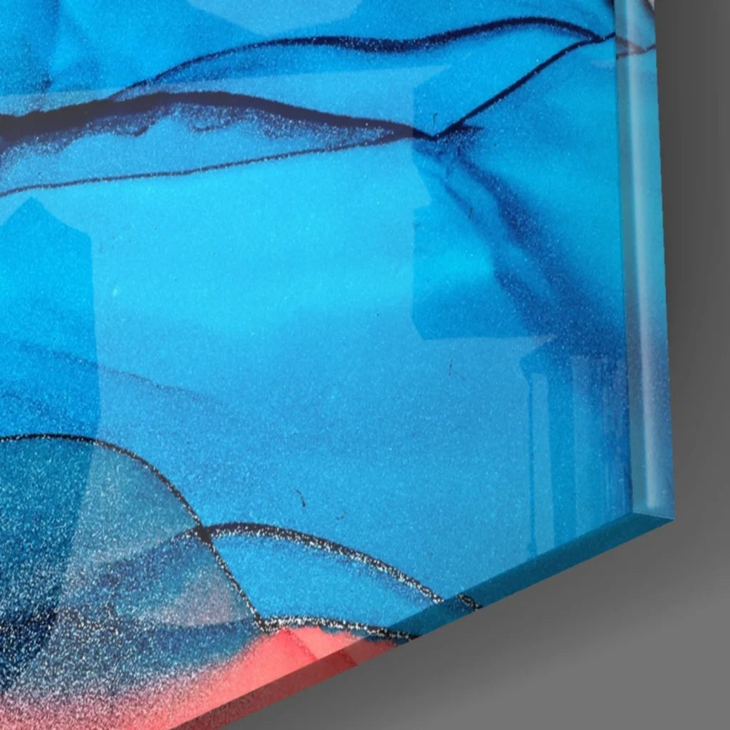 Vibrant blue and red abstract glass wall art with glossy acrylic finish