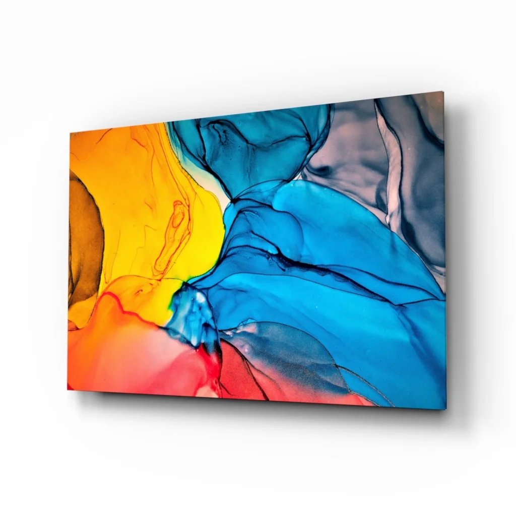 Vibrant abstract canvas wall art with bold fluid colors on stretched canvas