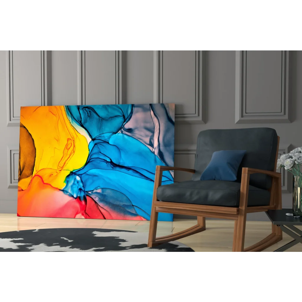 Vibrant abstract canvas wall art with bold fluid colors on stretched fabric