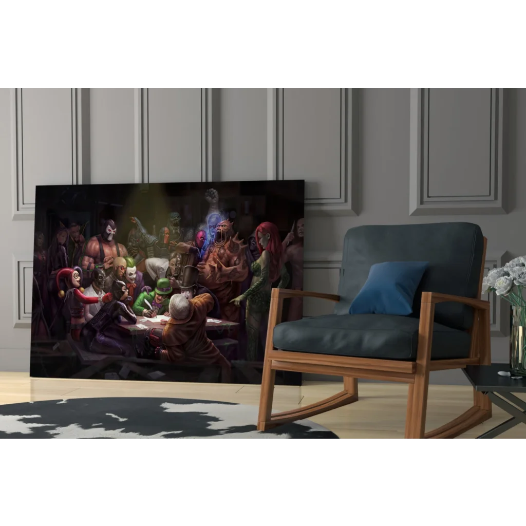 Modern rocking chair with blue cushion by vibrant wall art print