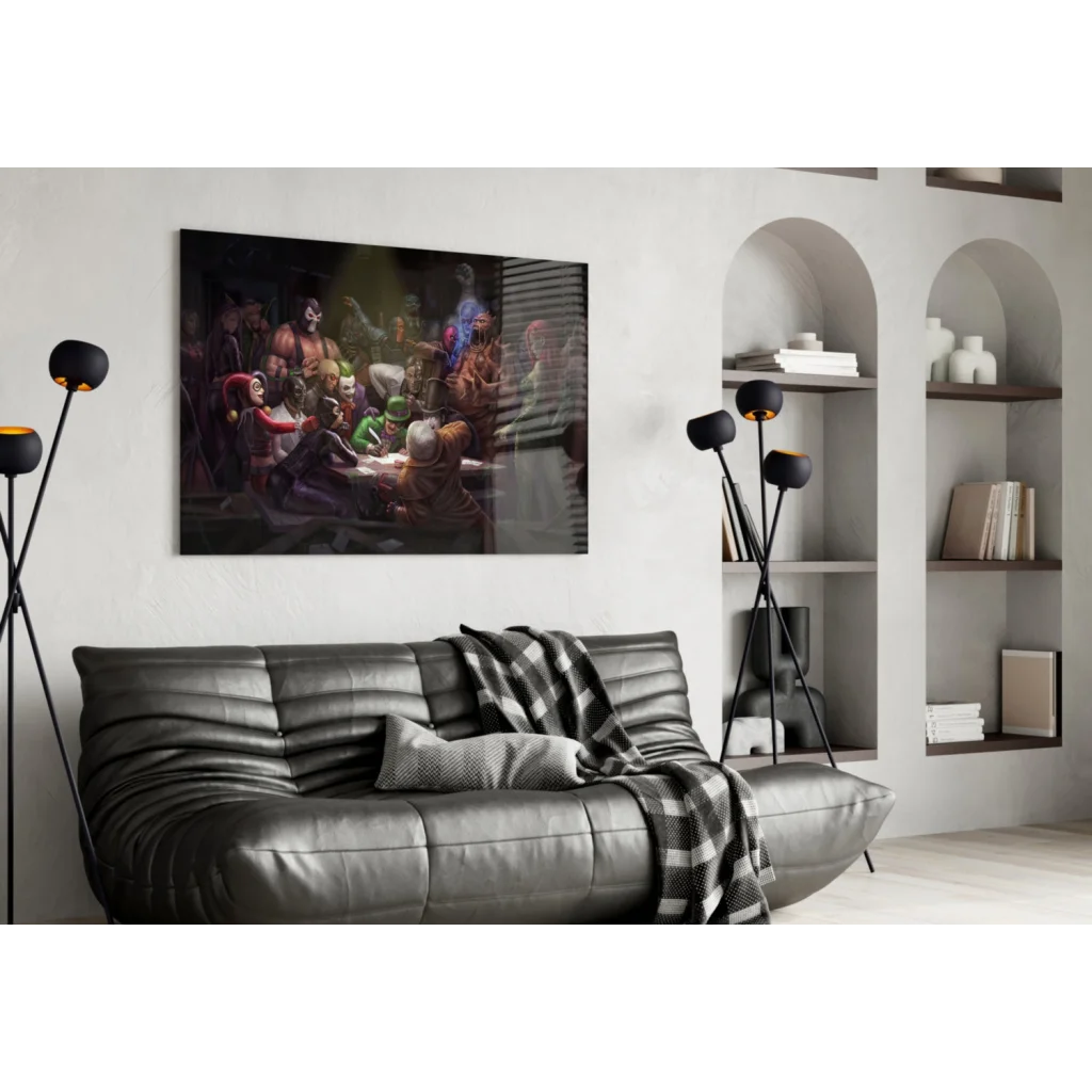Black leather sofa with textured pattern and checkered throw blanket under Vibrant Abstract Characters wall art