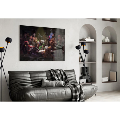 Black leather sofa with textured pattern and checkered throw blanket under Vibrant Abstract Characters wall art