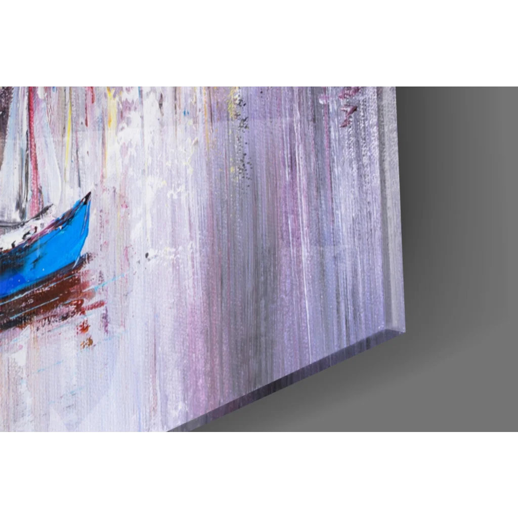 Vibrant blue sailboat painting on abstract glass wall art