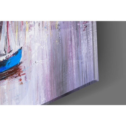 Vibrant blue sailboat painting on abstract glass wall art
