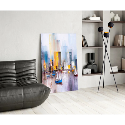 Vibrant abstract cityscape glass wall art with sailboats