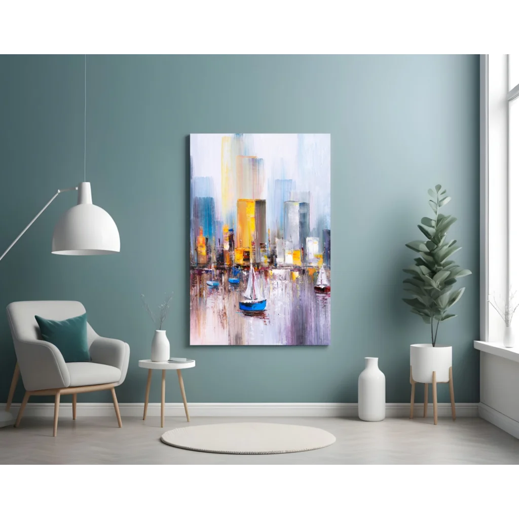Vibrant abstract cityscape glass wall art with sailboats and skyline