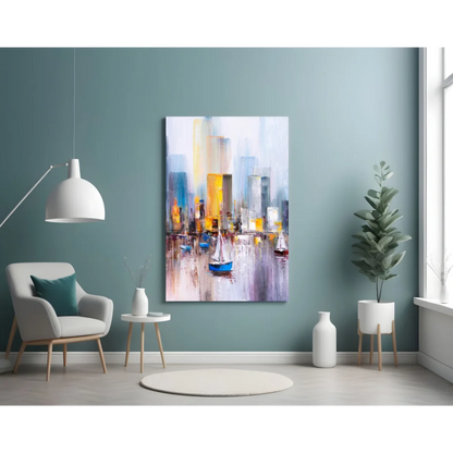Vibrant abstract cityscape glass wall art with sailboats and skyline