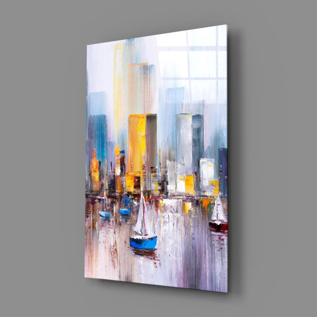 Vibrant abstract cityscape glass wall art with sailboats and skyscrapers