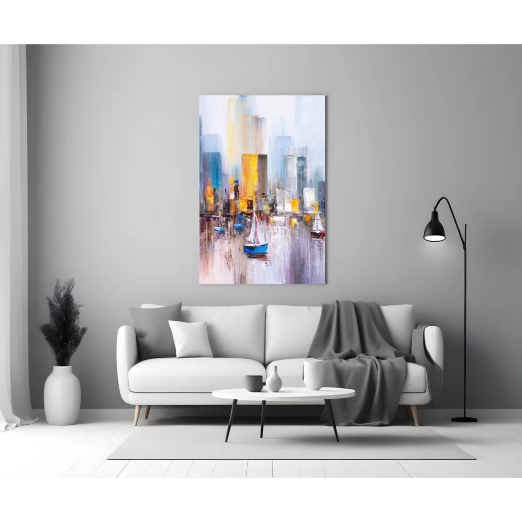 Vibrant abstract cityscape glass wall art with sailboats and textured brushstrokes