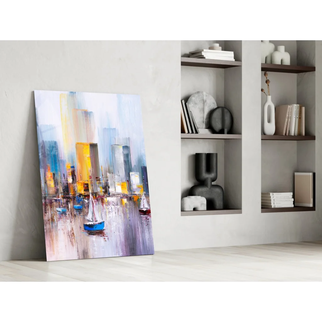 Vibrant abstract cityscape glass wall art with sailboats