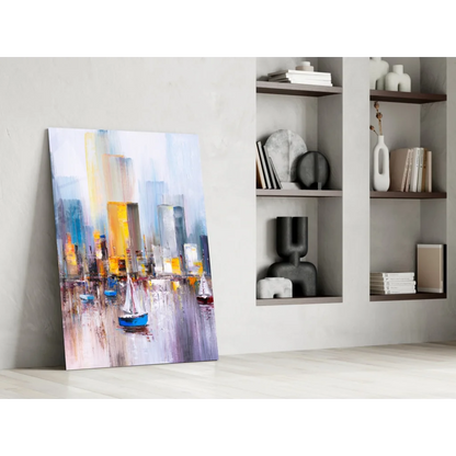 Vibrant abstract cityscape glass wall art with sailboats