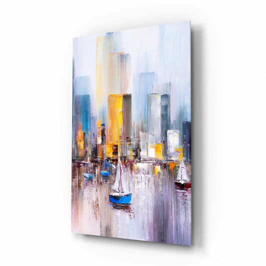 Vibrant abstract cityscape glass wall art with sailboats