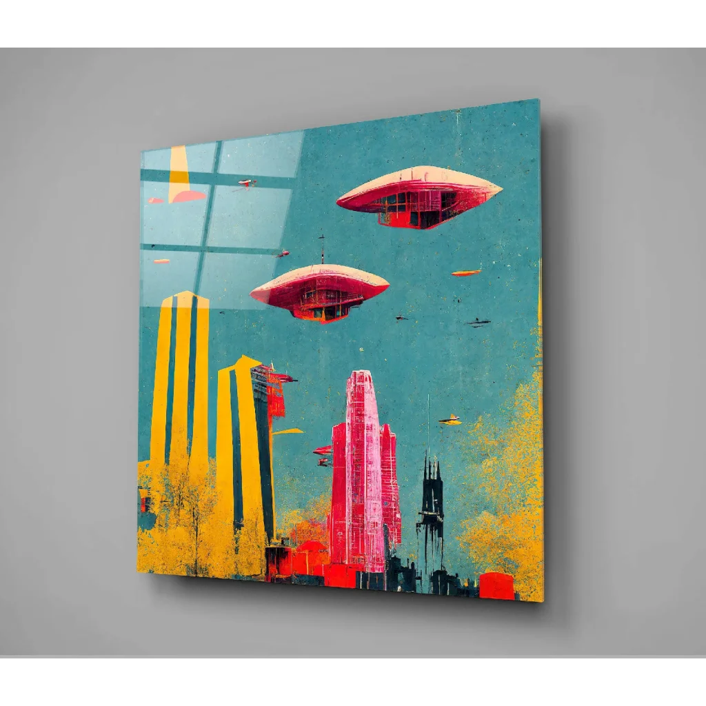 Vibrant abstract cityscape wall art with floating UFOs and zeppelins