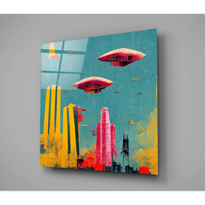 Vibrant abstract cityscape wall art with floating UFOs and zeppelins