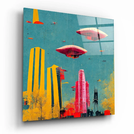 Vibrant yellow red futuristic cityscape wall art with floating zeppelins and UFOs