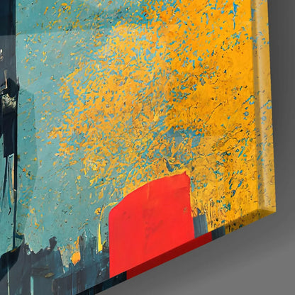 Vibrant red abstract cityscape wall art with UFOs, zeppelins, textured surface