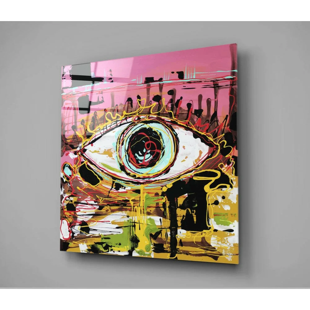 Vibrant abstract eye glass wall art with bold pink, yellow, black splashes