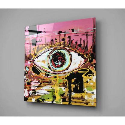 Vibrant abstract eye glass wall art with bold pink, yellow, black splashes