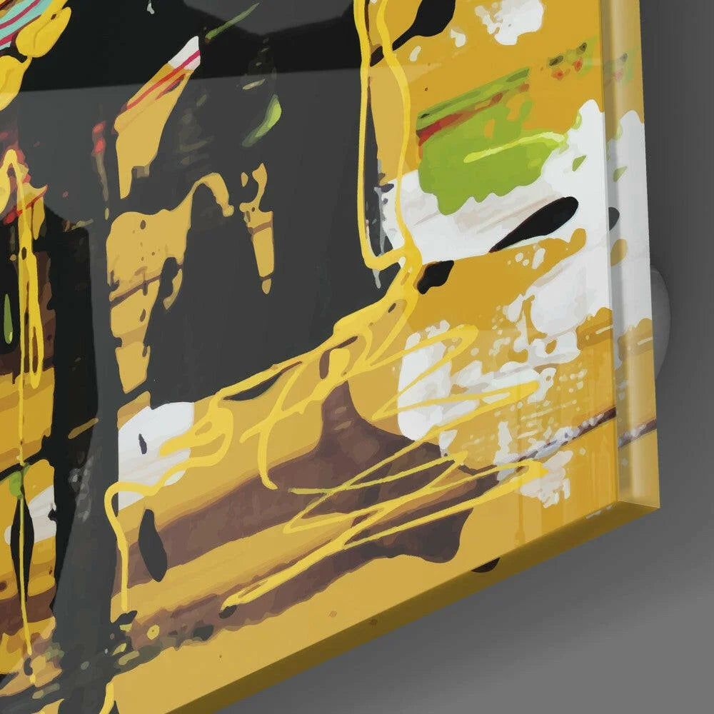 Vibrant abstract glass wall art with bold yellow, black, white, green splashes