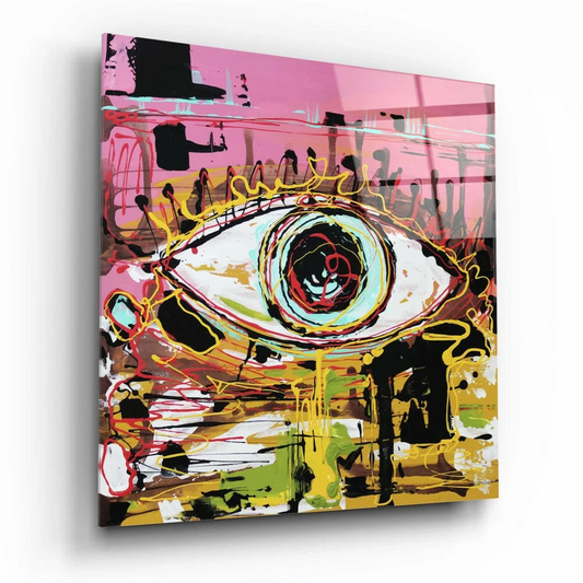 Vibrant abstract eye glass wall art with bold pink yellow black splashes